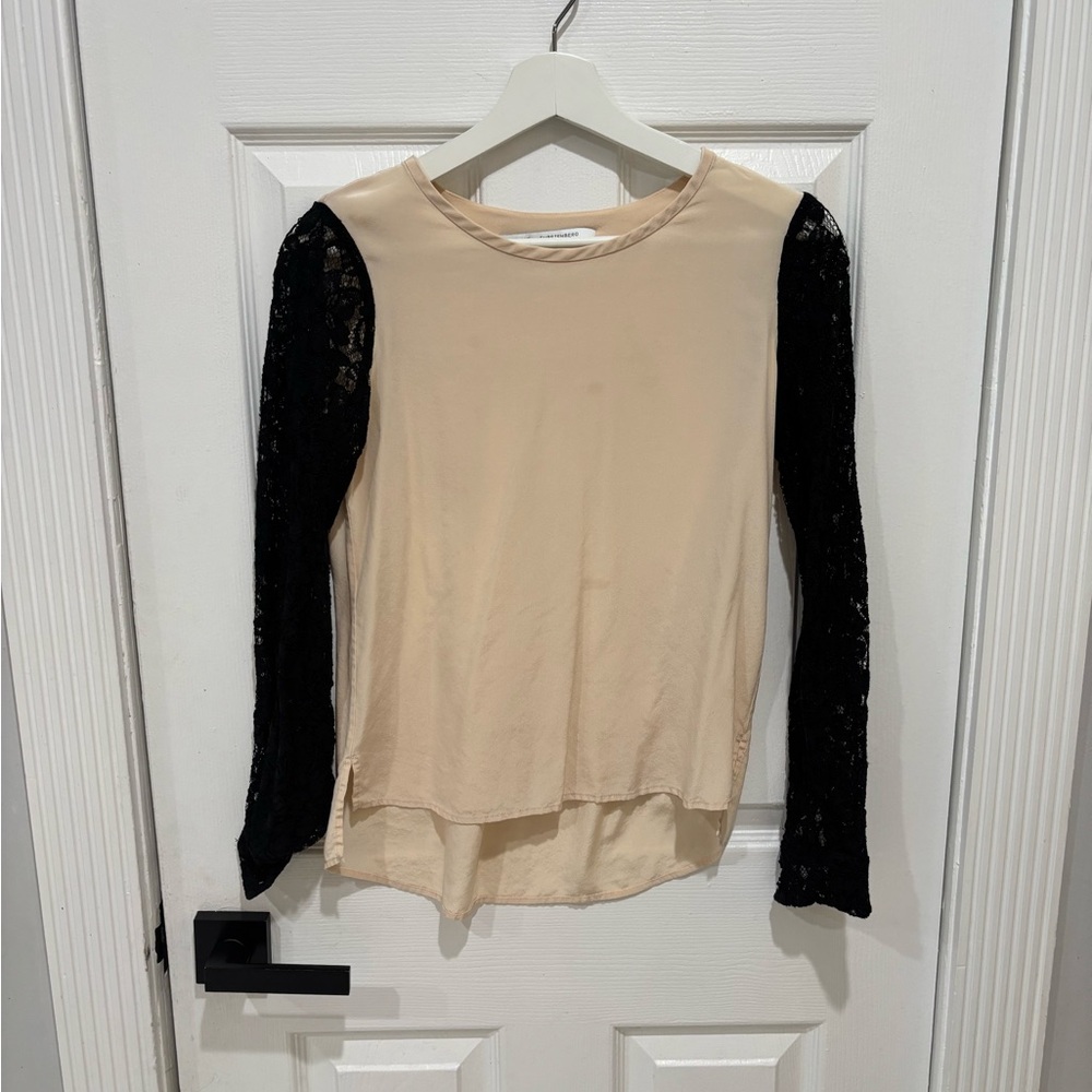 Diane Von Furstenberg Blouse 6 Cream Louisa Black Lace Sleeve Silk DVF Top,